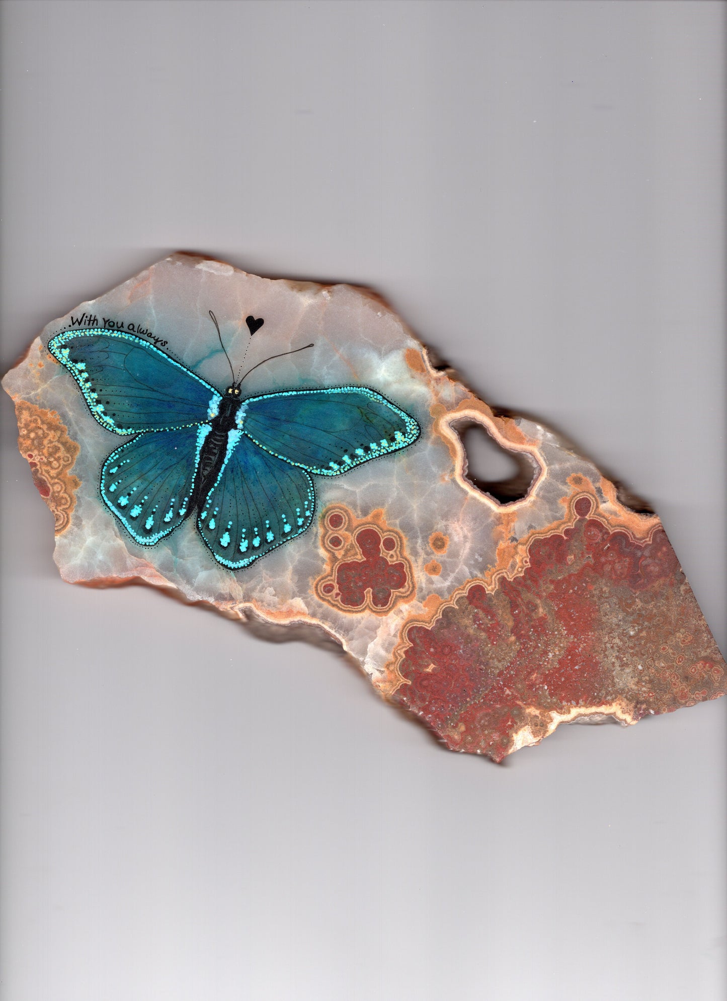 Hand Drawn Blue Butterfly "With You Always" Commission Stone on Arizona Agate