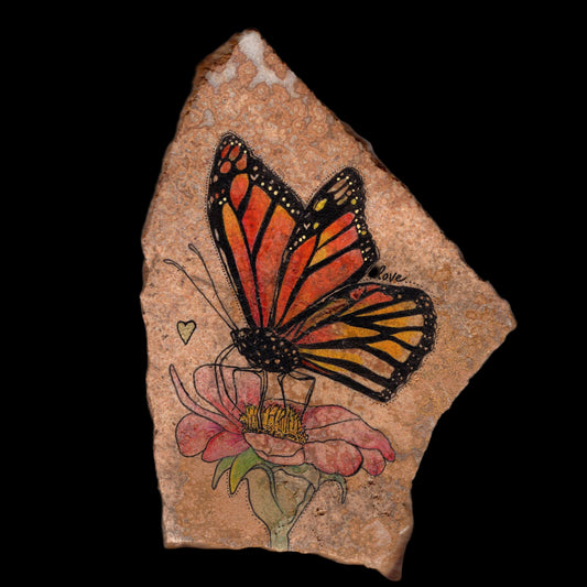 Decorative tile with a butterfly and flower design on a gray background
